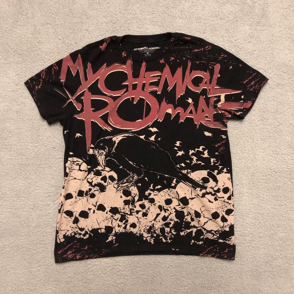 Grail My Chemical Romance MCR Crow Skulls AOP Graphic T-Shirt Black Red Sz Med